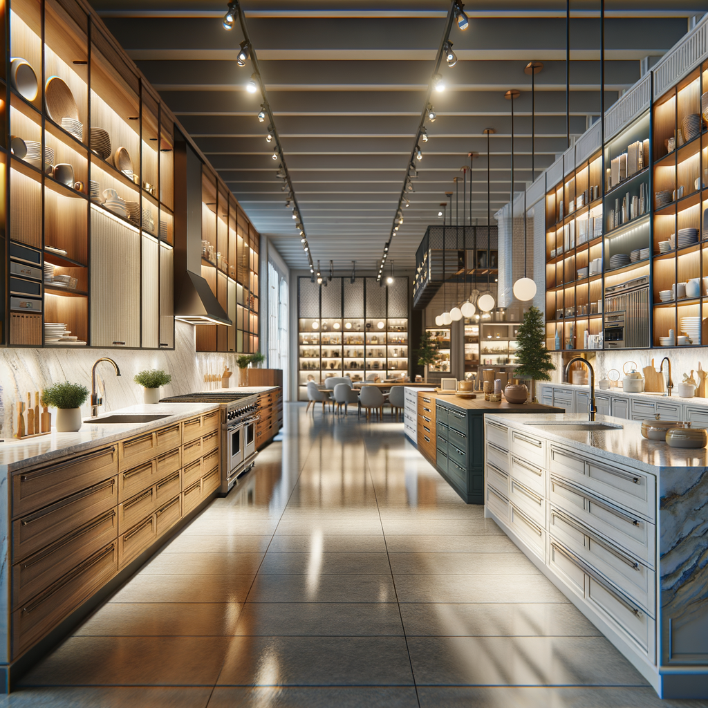 Professional kitchen showroom with modern cabinetry and countertops