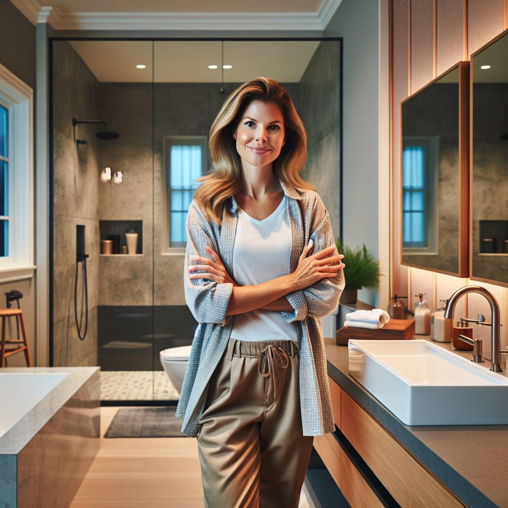 Homeowner standing in her renovated bathroom