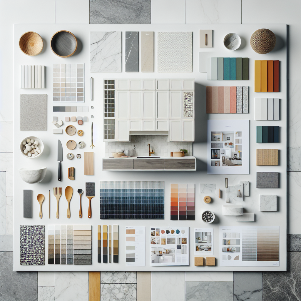 Kitchen design trends mood board with material samples