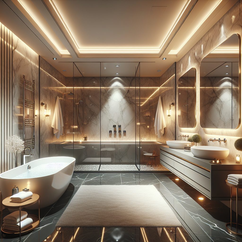 Luxury bathroom with freestanding tub and marble finishes