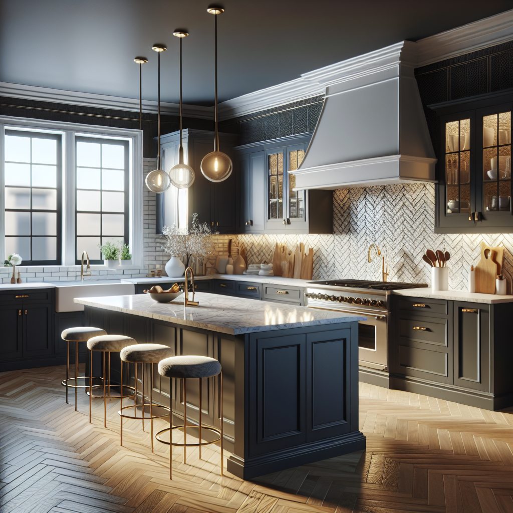 Navy blue kitchen cabinetry with quartz waterfall island