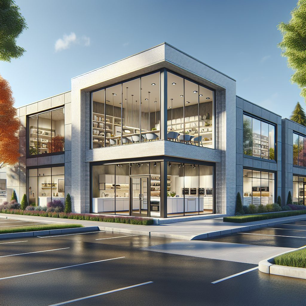 Two-story kitchen showroom building with display windows